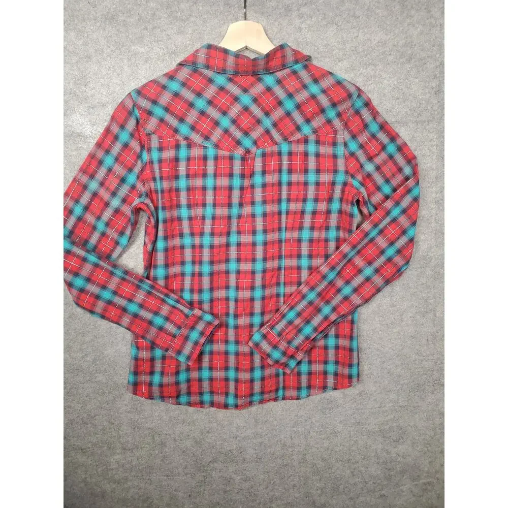 Hollister Women's Size L Green, Red & Metallic Button Up Plaid Western Shirt - Picture 2 of 6